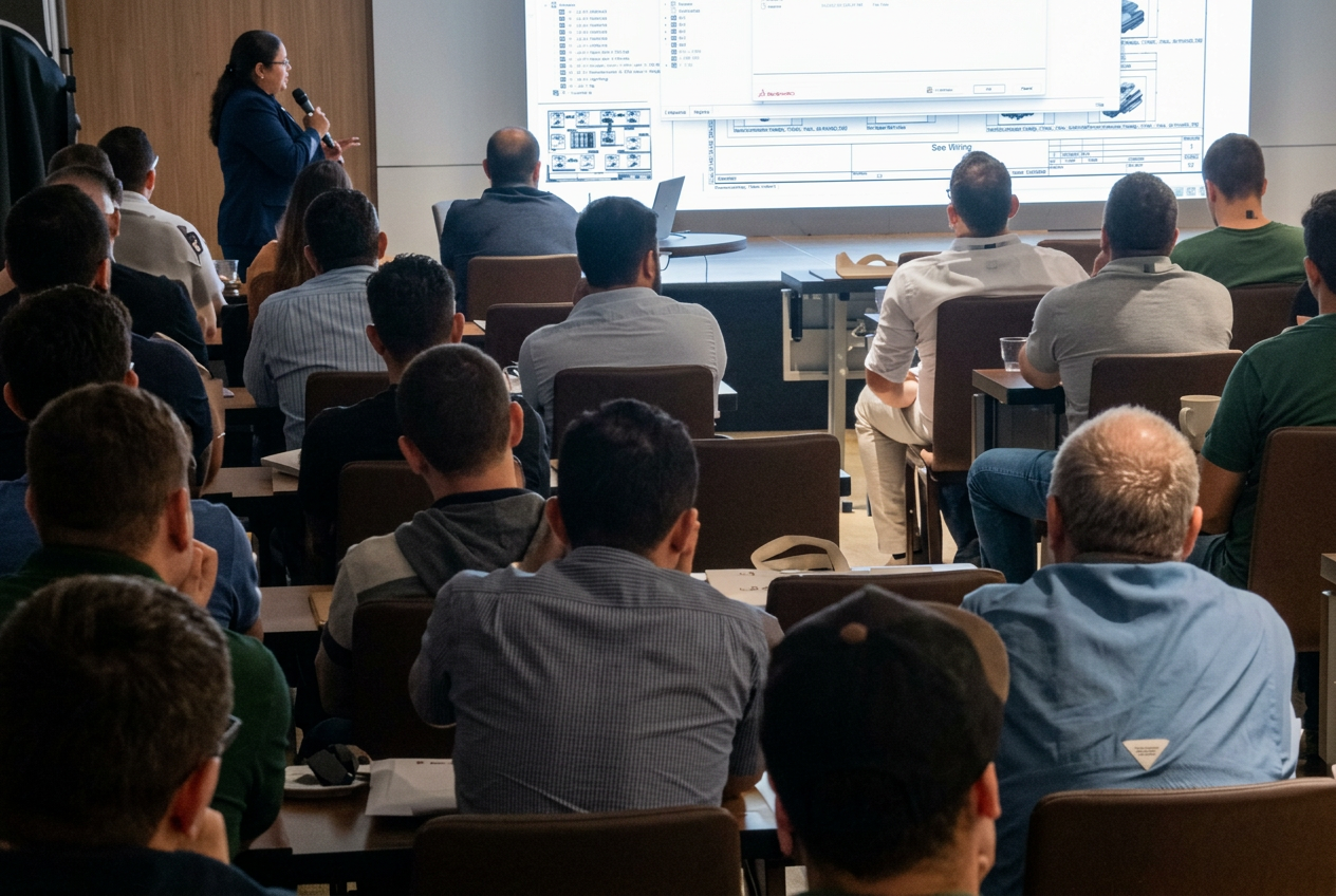 Especialista de 3Designers presentando SOLIDWORKS ante una sala llena de ingenieros